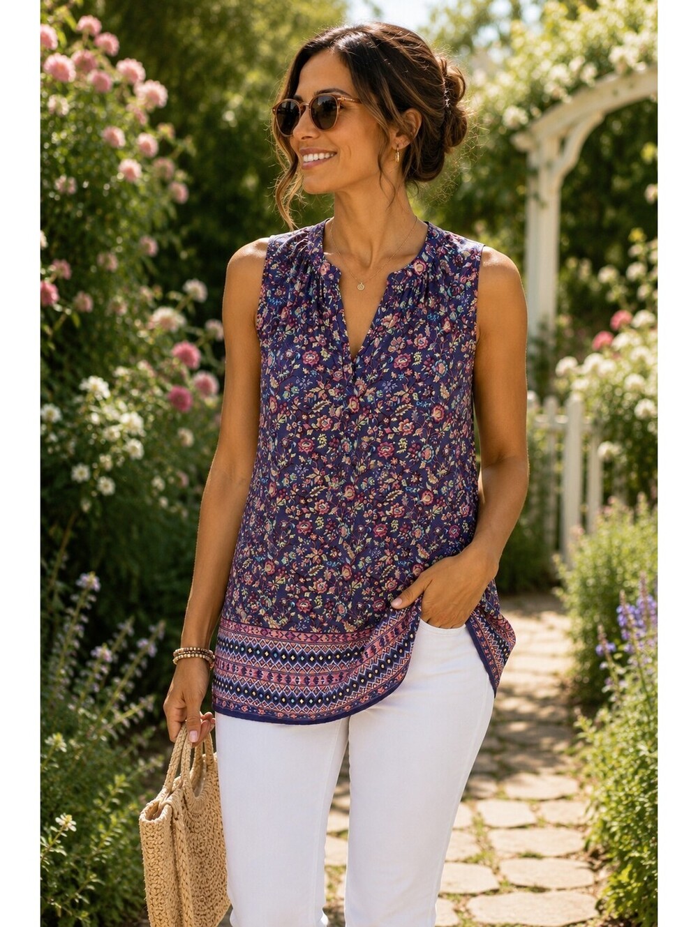 Maria Luna 2X Sleeveless Floral Boho Blouse Purple Border Boho Tunic Cottagecore